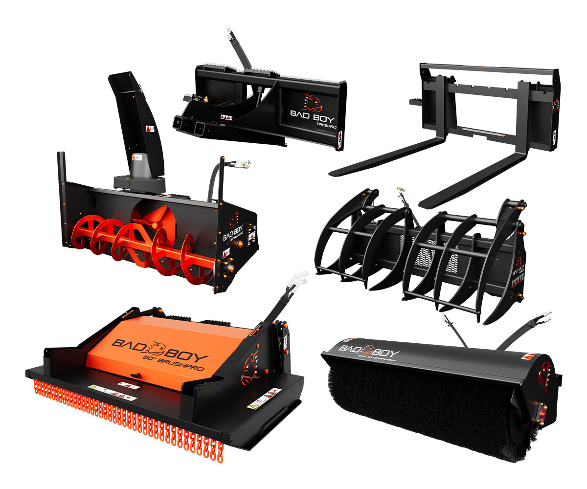 Terrain SAL attachments including grapples, cutters, brooms, mowers, snow blowers, and tree pullers
